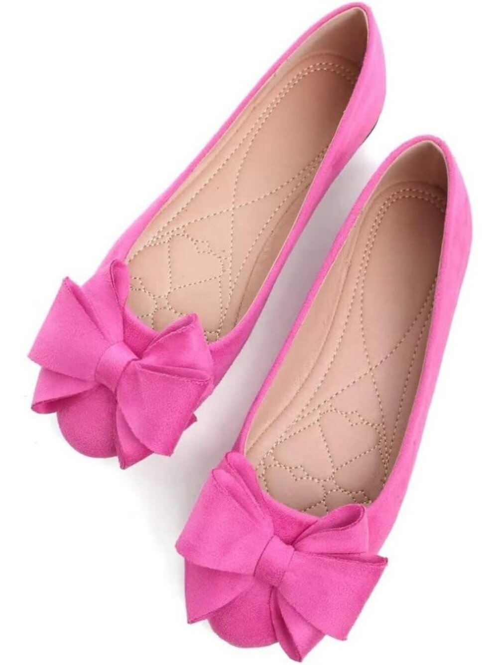 Women's Round Rose Red Suede Fashion Bowknot Flats Comfort Pointed Toe Shoes - Picture 2 of 7